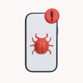 3d Smartphone with virus bug. data protection or digital online security concept. icon isolated on white background. 3d rendering illustration. Clipping path..