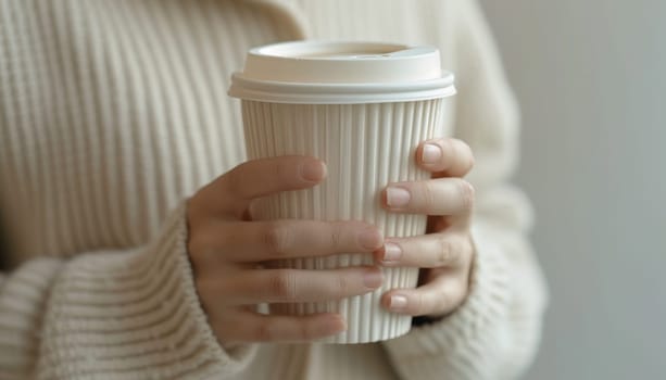 Hand holding a organic material coffee cup. Generative AI.