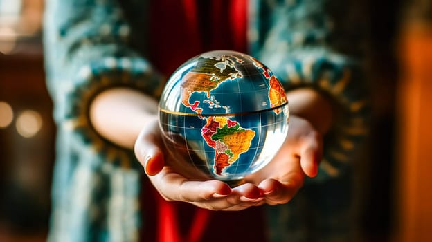 A young girl delicately holds a glass globe in her hands, symbolizing care, responsibility, and environmental consciousness.