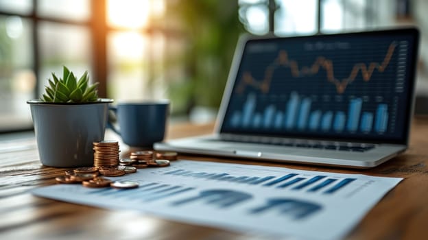Office desk with a laptop, Financial reports and investment charts. Generative AI.
