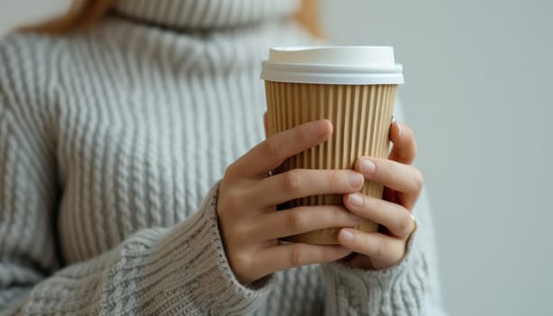 Hand holding a organic material coffee cup. Generative AI.