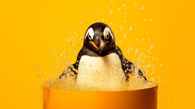 A delightful penguin takes a refreshing bath in a tub surrounded by soap bubbles against a cheerful yellow backdrop, creating a whimsical scene.