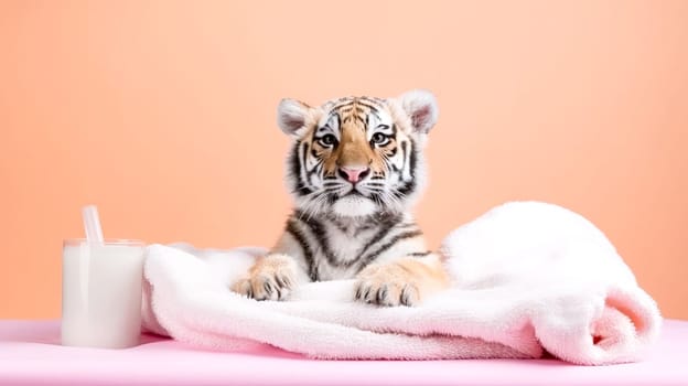 A tiger, wrapped snugly in a towel after a bath, radiating warmth and comfort against a colorful background, exudes a serene charm.