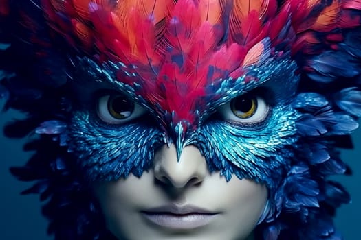 The woman's face is adorned with a vibrant mask featuring feathers in electric blue, closely highlighting her azure eyes and delicate eyelashes, resembling a stunning artistic painting.