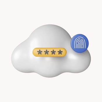 3d fluffy cloud and password unlock. Security concept. icon isolated on white background. 3d rendering illustration. Clipping path..