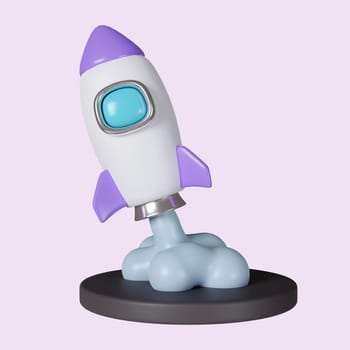 3d Flying space rocket. Spaceship rocket lunch. icon isolated on purple background. 3d rendering illustration. Clipping path..