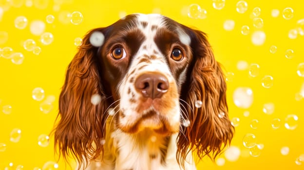 A delightful cocker spaniel enjoys a refreshing bath with soap bubbles on a vibrant yellow backdrop, representing pet grooming, beauty salons, and veterinary care.