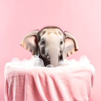 A baby elephant wrapped in a pink towel after a bath, encircled by soap bubbles, presenting a charming and adorable scene.