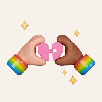 3d Pride month. hand holds two pieces of key heart. LGBT illustration. Symbol of pride month. icon isolated on white background. 3d rendering illustration. Clipping path..