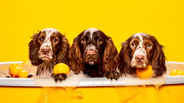 Three adorable spaniels joyfully bathe together, surrounded by soap bubbles, against a cheerful yellow background, creating a heartwarming scene.