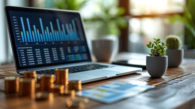 Office desk with a laptop, Financial reports and investment charts. Generative AI.