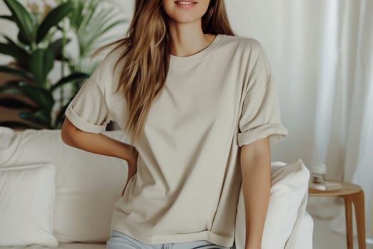 Woman wearing soft beige color high-quality plane tshirt small rolled up sleeves. Generative AI.