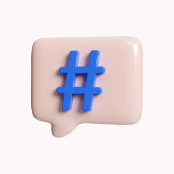 3d Hashtag sign symbol in social media notification. icon isolated on white background. 3d rendering illustration. Clipping path..