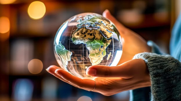 A young girl delicately holds a glass globe in her hands, symbolizing care, responsibility, and environmental consciousness.