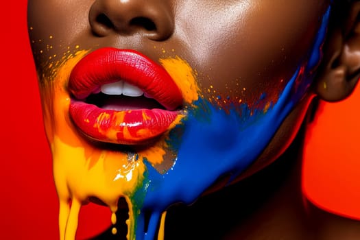 A happy woman's face close-up with paint dripping from her lips, creating a colorful and artistic look, resembling lipstick.