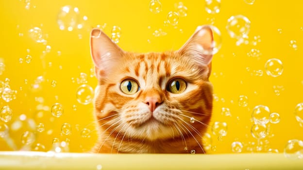 A playful red cat enjoys a bubbly bath in a bathtub, surrounded by soap bubbles, against a vibrant yellow background.