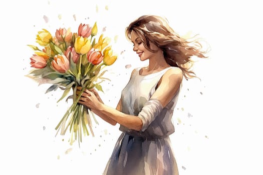 A happy woman in a white dress gracefully holds a beautiful bouquet of flowers, creating an artistic gesture amidst the lush green grass.