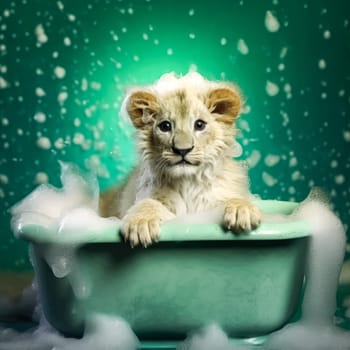 A delightful lion cub enjoys a bubbly bath, against a vibrant backdrop, perfect for any creative project.