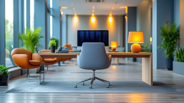 Interior design Office desks with office chairs. Concept of working place. Generative AI.