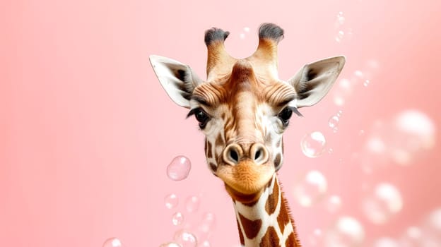 A giraffe wrapped in a pink towel after a bath, on a pink background, radiating a cute and charming vibe with its towering elegance.