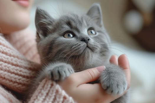 Happy young woman hugging cute, Adorable domestic pet concept. Generative AI.