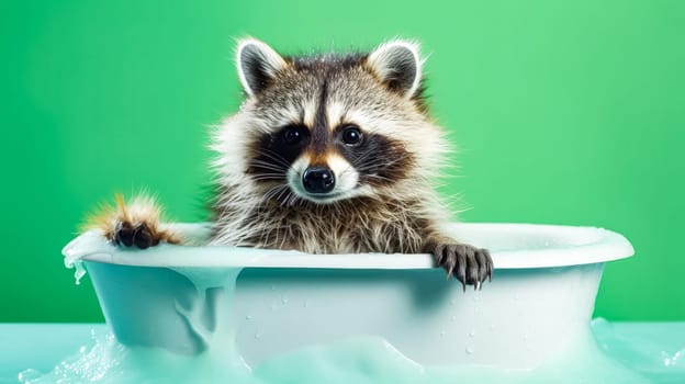 The raccoon in the bathtub against the green background looks playful and curious, adding a touch of whimsy to its adorable appearance.