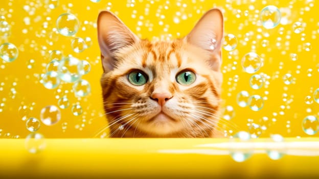 A playful red cat enjoys a bubbly bath in a bathtub, surrounded by soap bubbles, against a vibrant yellow background.