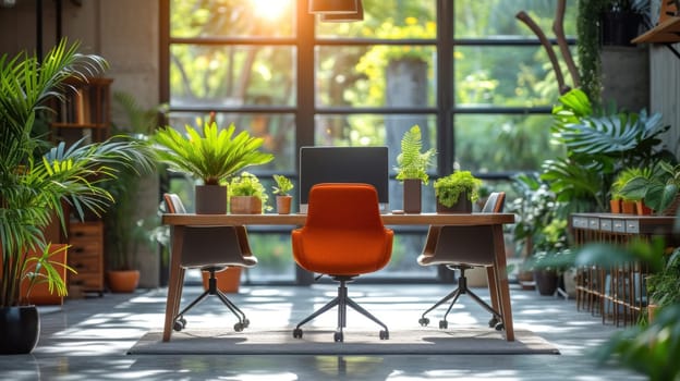 Interior design Office desks with office chairs. Concept of working place. Generative AI.