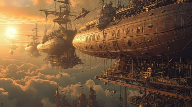 Fantasy steampunk airships float amongst clouds against a dramatic sunset backdrop, evoking adventure and exploration. Resplendent.