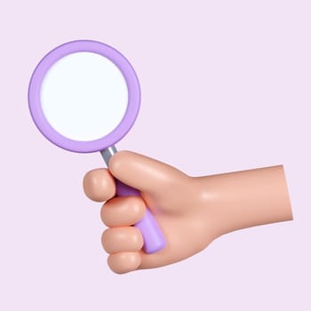 3d hand hold magnifying glass. Search icon. icon isolated on pink background. 3d rendering illustration. Clipping path..