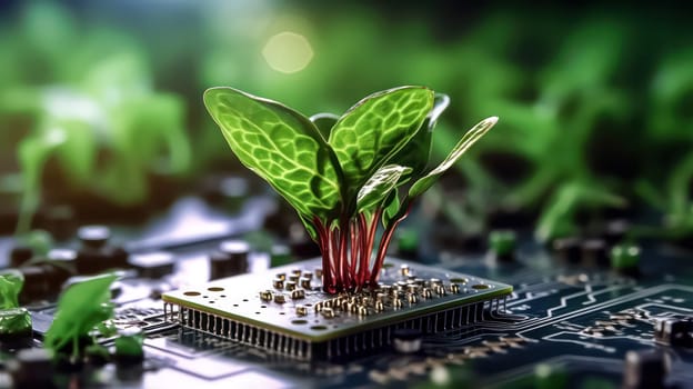 A plant emerging from a computer chip illustrates an eco friendly concept of new life, blending nature with technology for a sustainable future.