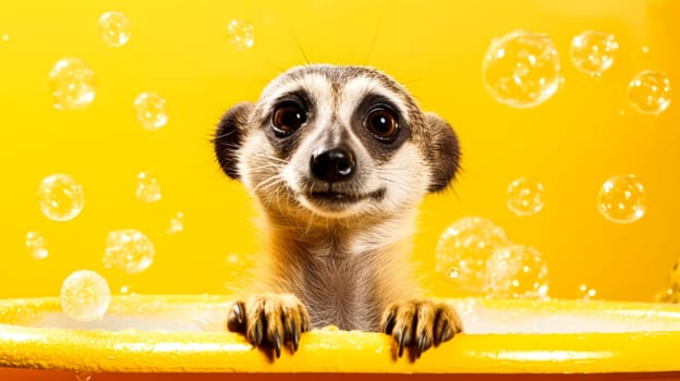 A charming meerkat enjoys a bubbly bath in a bathtub against a vibrant yellow background, adding a playful touch to this adorable illustration.