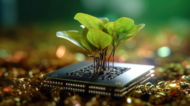 A plant emerging from a computer chip illustrates an eco friendly concept of new life, blending nature with technology for a sustainable future.