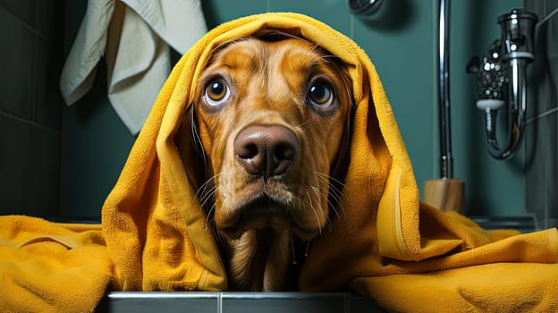 A Hungarian Vizsla, snug in a yellow towel post bath, epitomizing pet care and grooming services, ensuring a clean and happy companion.