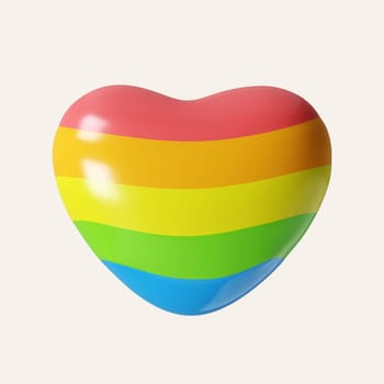 3d Heart shaped glossy. Lgbt rainbow flag. Gay pride, transgender, lesbian community shiny button in rainbow colors. icon isolated on white background. 3d rendering illustration. Clipping path..
