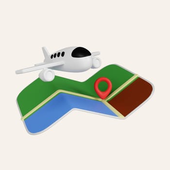 3D An Air plane and Folded map and location pin isolated. minimal Navigation icon. icon isolated on white background. 3d rendering illustration. Clipping path..