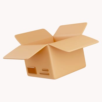 3D open cardboard box icon with white symbols isolated on white background. Render delivery cargo box 3d illustration.