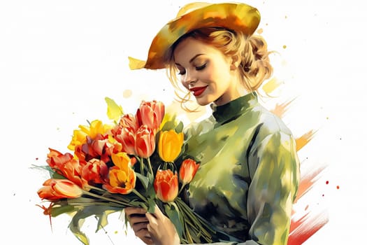 A joyful woman wearing a hat showcases her creativity, holding a beautiful bouquet of flowers, radiating happiness through her bright smile.