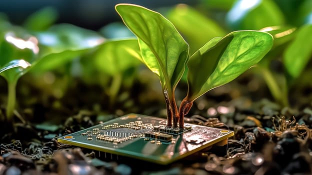 A plant emerging from a computer chip illustrates an eco friendly concept of new life, blending nature with technology for a sustainable future.