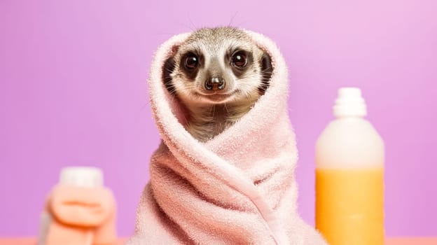A cute meerkat wrapped snugly in a towel after a refreshing bath, adding warmth and charm against a colorful backdrop.