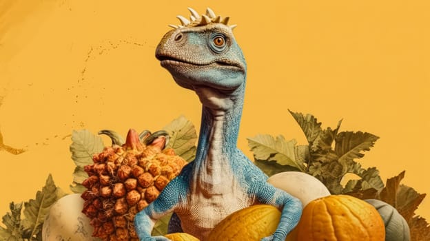 A prehistoric dinosaur towering against a backdrop of a yellow cracked wall, surrounded by whimsical pumpkins, evoking a mystical autumnal atmosphere.