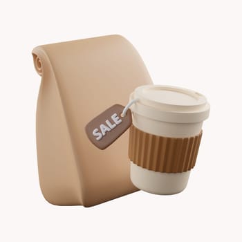 3D brown coffee cup with lid and stripes rendering icon.