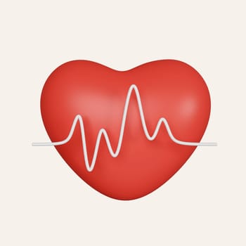3d heart with white pulse line icon for design. Healthy lifestyle, cardiac assistance, medical healthcare concept. icon isolated on white background. 3d rendering illustration. Clipping path..