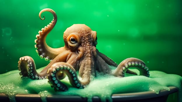 A charming small octopus enjoys a bubble bath, its tentacles floating gracefully amidst colorful bubbles on a vibrant background. Perfect for creative projects