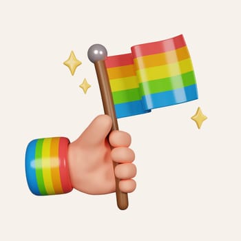 LGBT pride parade. Cartoon hand holding flag and celebrating bisexual homosexual transgender equality. icon isolated on white background. 3d rendering illustration. Clipping path..