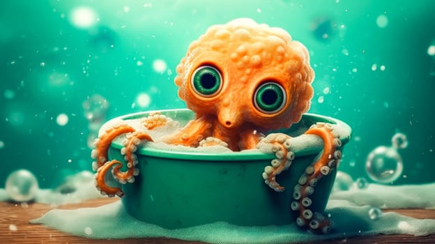 A charming small octopus enjoys a bubble bath, its tentacles floating gracefully amidst colorful bubbles on a vibrant background. Perfect for creative projects