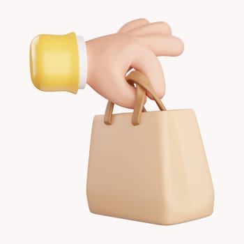 3d Hand holding shopping bag. online shopping. sale promotion. Shopping and season sale concept. icon isolated on white background. 3d rendering illustration. Clipping path...