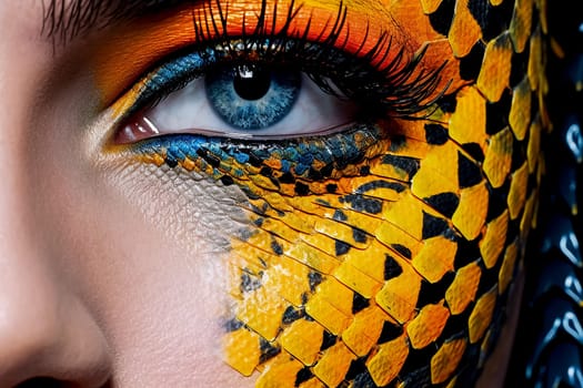 A close-up of a woman's face showcasing snake skin painted on her head, eyebrow, and eye with captivating facial expression, eyelashes, and orange iris highlighted by eye liner.