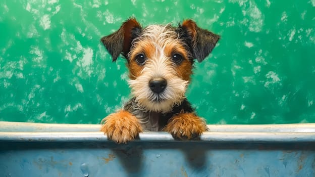 A dog bathes in a bubbly tub against a green backdrop, showcasing the essence of animal care in grooming centers and veterinary clinics.