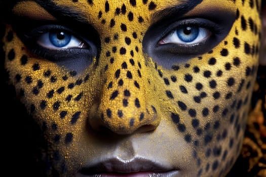 A close-up of a woman's face with leopard print painted on it, showcasing intricate details of eyelash, iris, and whiskers, resembling a terrestrial wildlife art pattern.